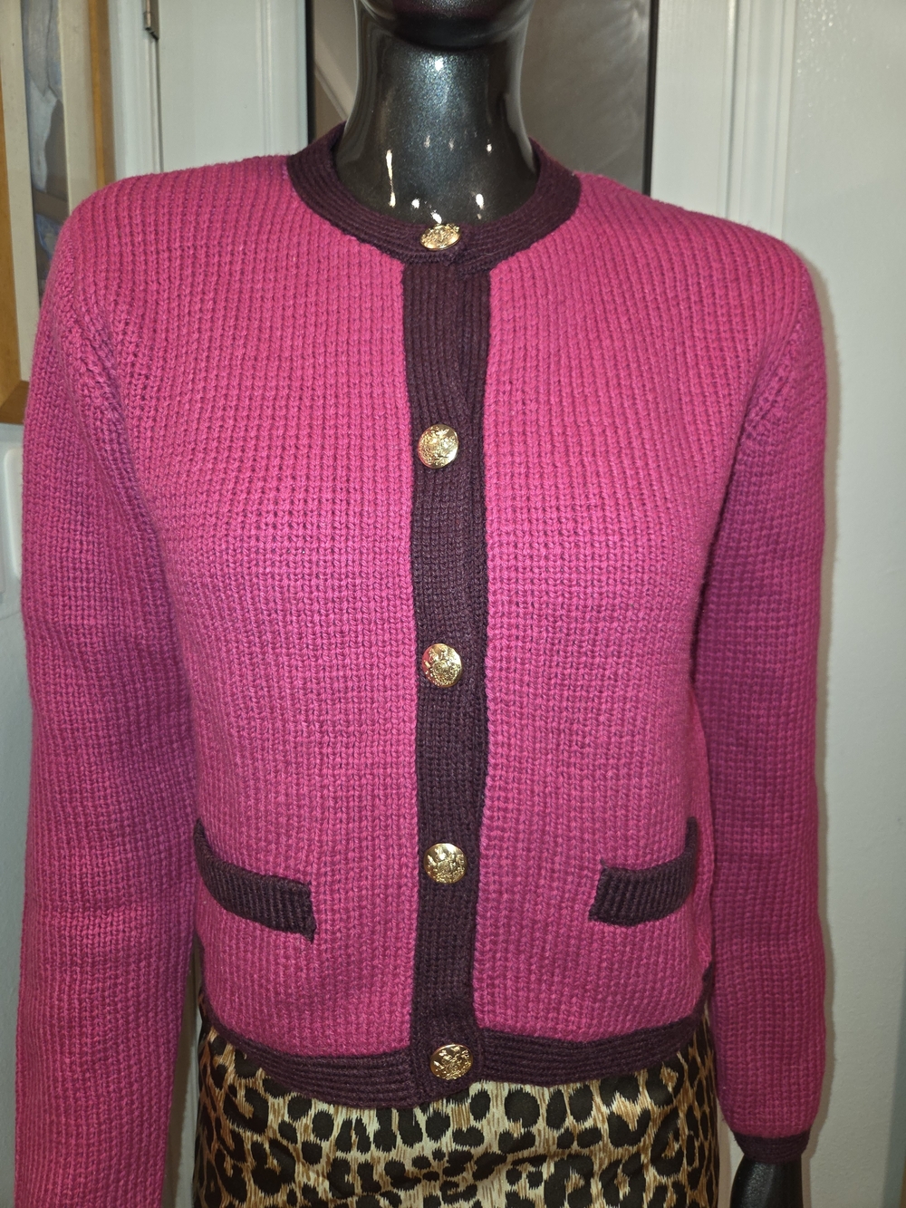 Steve Madden Gorgeous Fuchsia Cardigan with Dark Plum Trim and Gold Buttons Sz S